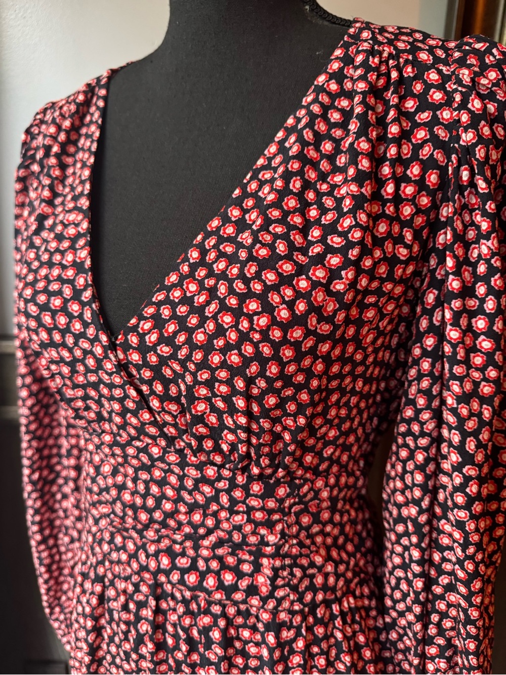 Leith navy, red, pink Floral Long Sleeve V-Neck Midi Dress small - Picture 8 of 11